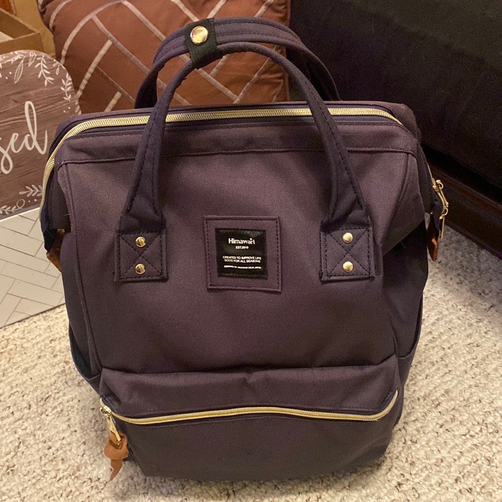Himawari Travel backpack Navy Blue nylon water resistant with leather trim